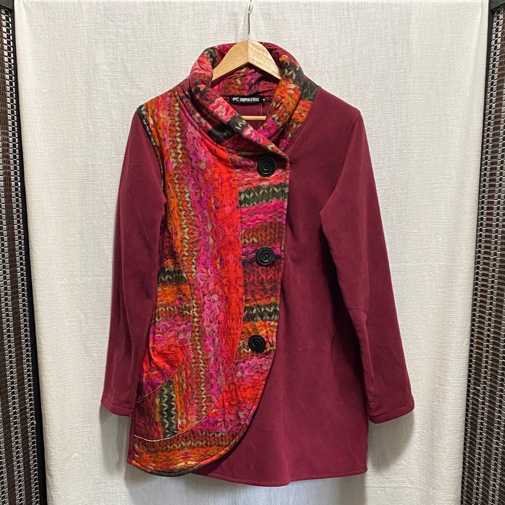 Maroon Mixed-Pattern Shawl Collar Coat